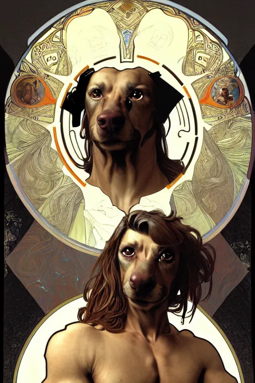 Image similar to portrait of dog as god by greg ruthkowski, alphonse mucha and craig mullins, gorgeous, amazing, flowing hair, muscular, very muscular male body, intricate, highly detailed, 8 k, digital painting