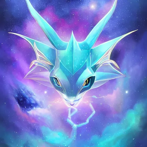 Prompt: geometric symmetrical vaporeon with galaxy eyes in space, nebula in the background, intricate, elegant, highly detailed, digital painting, artstation, concept art, smooth, sharp focus, illustration, art by artgerm