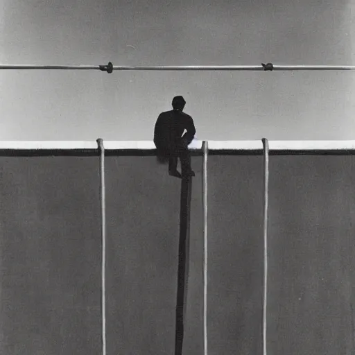 Image similar to a man in front of a high wire fence, bauhaus, dystopian art