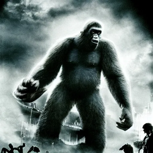 Prompt: poster for king kong movie, dramatic lights, scary