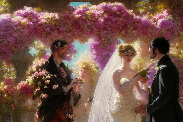 Image similar to the groom look at the bride at a wedding full of flowers, bright and happy, dreamlike art, highly detail, 4 k realistic, wedding photoy krenz cushart, artem demura, yoji shinkawa artgerm, jon lothian, danilo torres. adi meyers. thomas reimann. gaston bussiere.