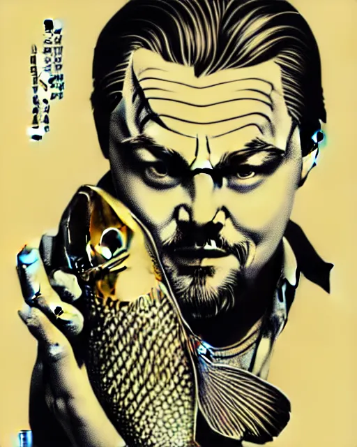 Image similar to photograph of leonardo dicaprio holding a carp in his both hands. movie poster, illustration by bartek fedyczak, erak note, tooth wu, neil richards, kan liu, siwoo kim, jisu choe, trending on art station