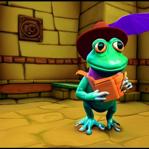 Image similar to screenshot of a cute inspector frog with a brown trenchcoat as an npc in spyro the dragon video game, with playstation 1 graphics, activision blizzard, upscaled to high resolution