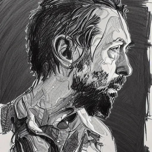 Prompt: a realistic yet scraggly portrait sketch of the side profile of a stern and sophisticated thom yorke, trending on artstation, intricate details, in the style of frank auerbach, in the style of sergio aragones, in the style of martin ansin, in the style of david aja, in the style of mattias adolfsson