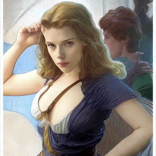 Image similar to Young Scarlett Johansson, highly detailed, digital painting, artstation, concept art, smooth, sharp focus, illustration, ArtStation, art by artgerm and greg rutkowski and alphonse mucha and J. C. Leyendecker and Edmund Blair Leighton and Katsuhiro Otomo and Geof Darrow and Phil hale and Ashley wood and Ilya repin and Charlie Bowater