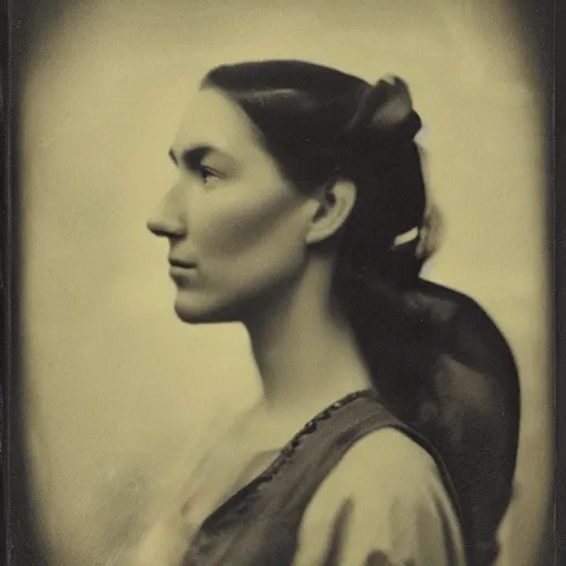 Image similar to computer art of a woman's face in profile. She has high cheekbones, a strong jawline, and her hair is pulled back away from her face. She stares out at the viewer with a slight smile, her eyes half-lidded and her lips parted. There is a sense of calm and serenity about her. Sabattier effect, tintype by Emek Golan, by Virginia Frances Sterrett lifelike
