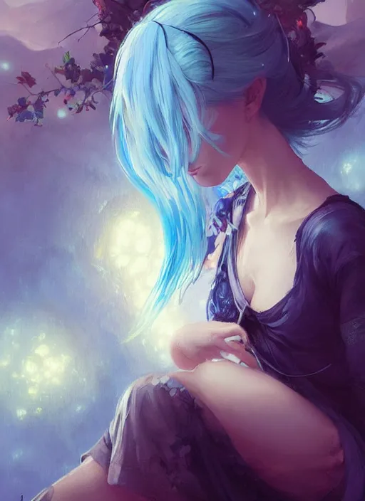 Image similar to stunningly beautiful female blue hair, dj sura face, fantasy art, dark light night, sharp focus, digital painting, 8 k, concept art, art by wlop, artgerm, greg rutkowski and alphonse mucha