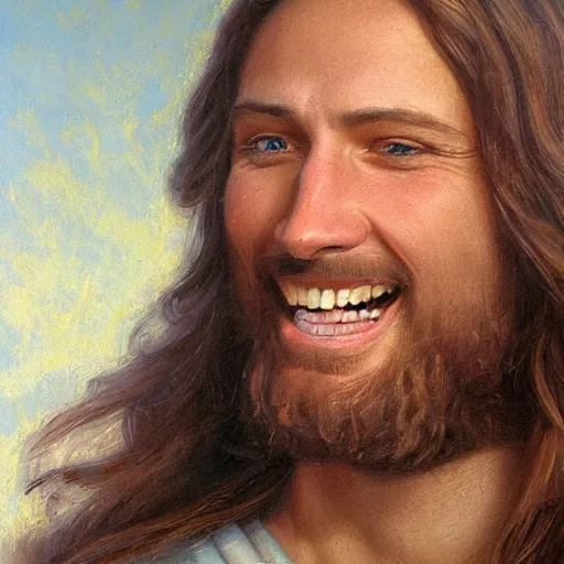 Prompt: detailed portrait painting of smiling Jesus by James Gurney