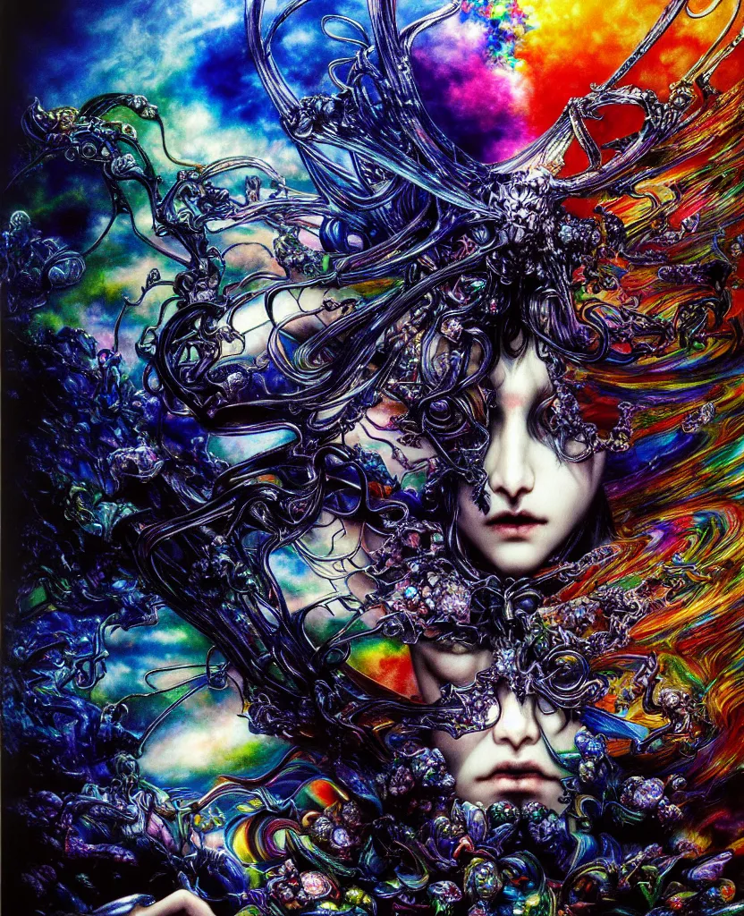 Image similar to realistic detailed image of ultra wrathful rainbow diamond iridescent mega sybiote, depth perception, depth of field, action horror by ayami kojima, neo - gothic, gothic, part by adrian ghenie and gerhard richter. art by yoshitaka amano. masterpiece