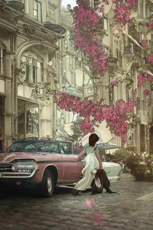 Image similar to ultra realistic illustration, old vintage car in the city with flowers blooming out the window, elegant, highly detailed, digital painting, concept art, smooth, sharp focus, illustration, art by alphonse mucha