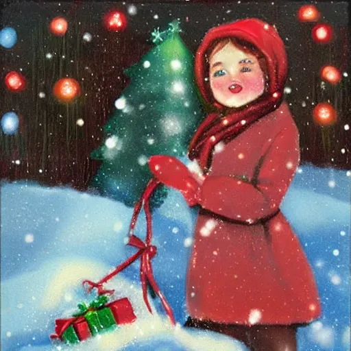 Prompt: girl in the snow with christmas lights, oil painted vintage greeting card style