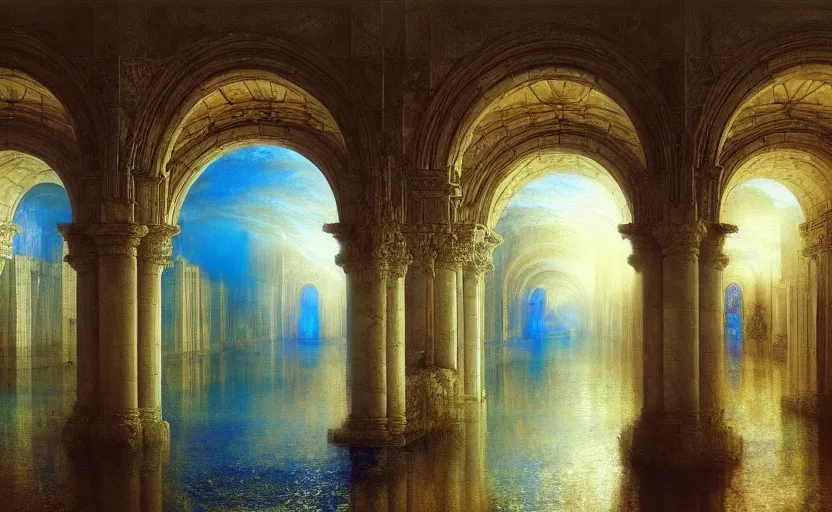 Prompt: tiled room squared waterway, aqueducts, fantasy. intricate. by artstation trending, by joseph mallord william turner, luis royo, konstantin razumov, cinematic lighting, fractal flame, highly detailed