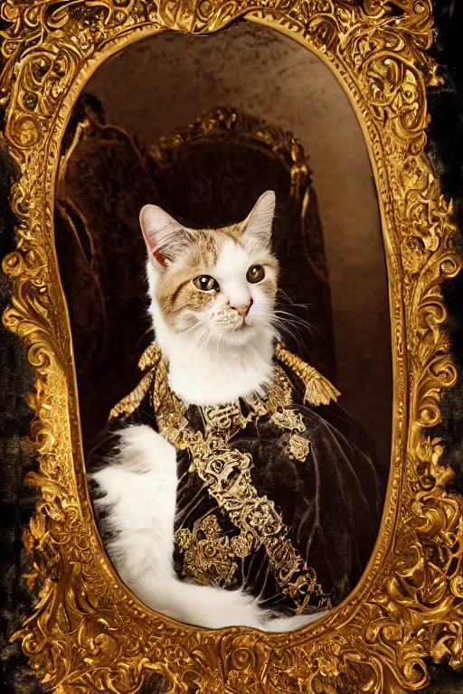 Image similar to tintype photography, portrait of a royal cat in his royal robes, outrageously fluffy, on an embroidered velvet cushion on a neo - rococo gilded little bed, by david lachapelle, photorealistic, photography, wide shot