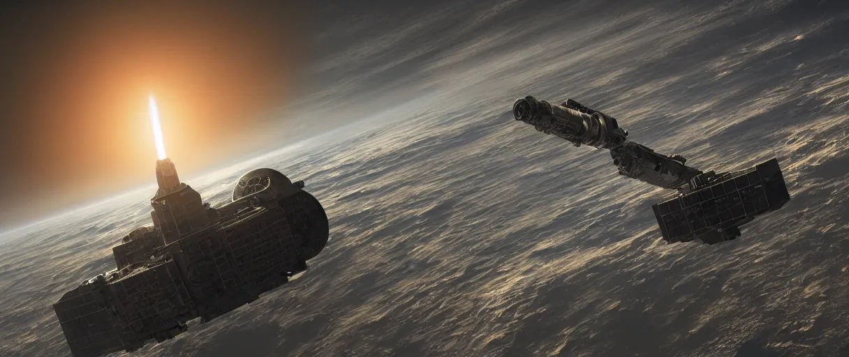 Image similar to illustration, a single small spaceship, nasa, deep space exploration, alone, the expanse tv series, industrial design, battlestar galactica tv series (2004), cinematic lighting, 4k, greebles, widescreen, wide angle, sharp and blocky shapes, extraterrestrial paradise, hyper realistic, hubble photography, beksinski