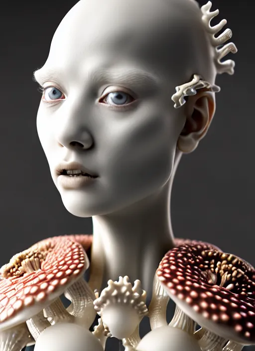 Image similar to intricate hyper detailed ultra sharp focus front shot 3 d render of a beautiful porcelain ivory woman, sharp focus, close - up, f 2. 8 1 5 0 mm natural light, elegant bionic haute couture cyberpunk mechanical red fractal mushroom corals, white mycelum and fungi head ornaments, alexandre ferra, octane render, volumetric cinematic lighting, 8 k,