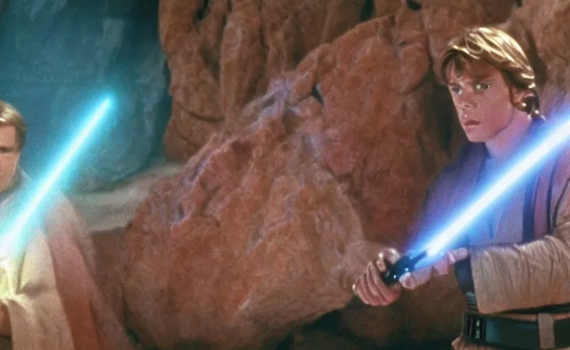 Image similar to screenshot of master Luke Skywalker in a kyber crystal cave, lightning refracting off the red gemstone crystal walls, iconic scene from the 1970s Star Wars film directed by Stanely Kubrick film, color kodak, ektochrome, anamorphic lenses, detailed faces, moody cinematography