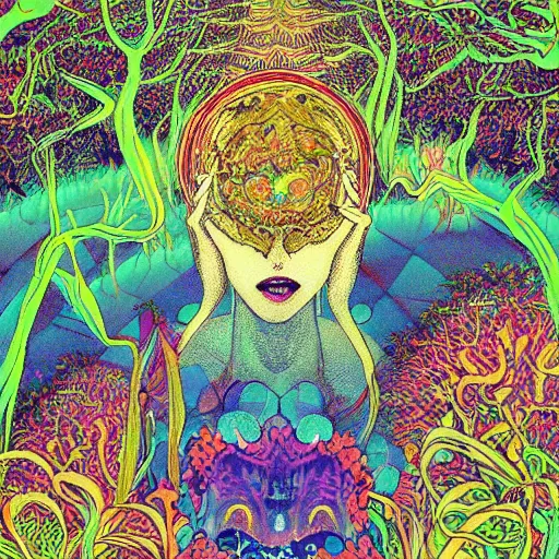 Image similar to A beautiful composition of a psychedelic glowing spirit animal psychonaut floating above a hedge maze, DMT, rich details full of texture, realistic eyes, artwork by Satoshi Kon and Yoshitaka Amano and Moebius