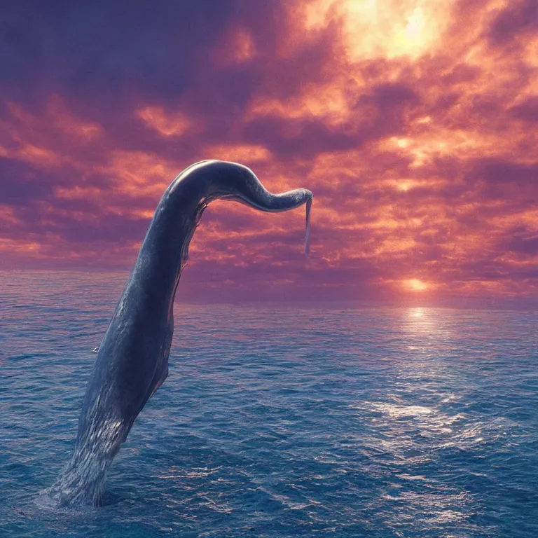 Prompt: octane render portrait by wayne barlow and carlo crivelli and glenn fabry, a blue whale made out of shiny reflective liquid metal swimming through beautiful sunset clouds, cinema 4 d, ray traced lighting, very short depth of field, bokeh