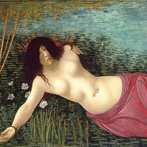 Image similar to ophelia, laying flat submerged in water, close up portrait, under the river amongst the reeds, fully covered in robes and lake foliage, weeds reeds, fully clothed in flowing medieval robes, by leonardo devinci, botticelli, devinci, rosetti and monet, 8 k