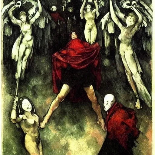 Image similar to aesthetically pleasing image of the whitewinged angel of death wearing a crimson and black robe descending on the lonesome faceless phantoms in their graves paul cezanne arthur rackham norman rockwell oil painting