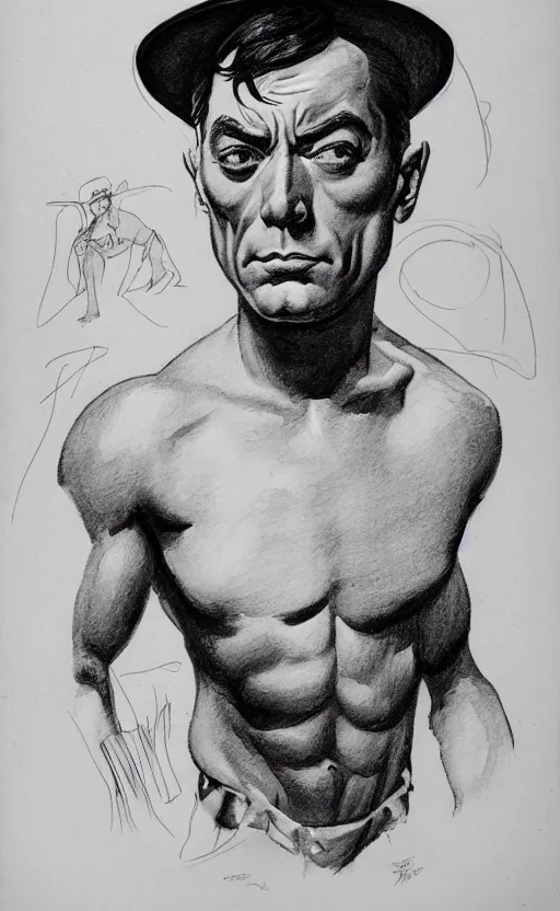 Image similar to buster keaton portrait drawn by john buscema, face and upper body focus, thin yet muscular acrobat, soft shading, watercolors, marvel comics high quality scan