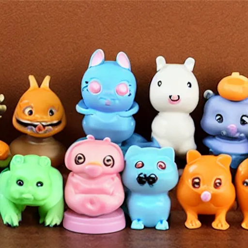 Image similar to some cute plastic toys that look like animal characters washing dishing in the kitchen, pastel colors