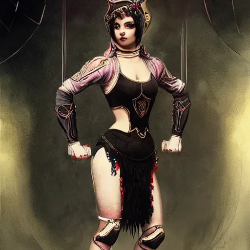 Image similar to ultra realist soft painting of a single attractive cheerleader female sillicon skin tight gothic cloths, curiosities carnival, partial symmetry accurate features, very intricate details, futuristic sport arena, focus, curvy, artstyle Tom Bagshaw, award winning