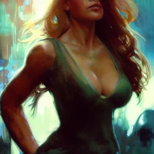 Image similar to kelly bundy, hyperrealistic full figure, bladerunner street alley, art of elysium by frank frazetta and by jeremy mann and by alphonse mucha, fantasy art, photo realistic, dynamic lighting, artstation, full figure poster, volumetric lighting, very detailed face, 4 k, award winning