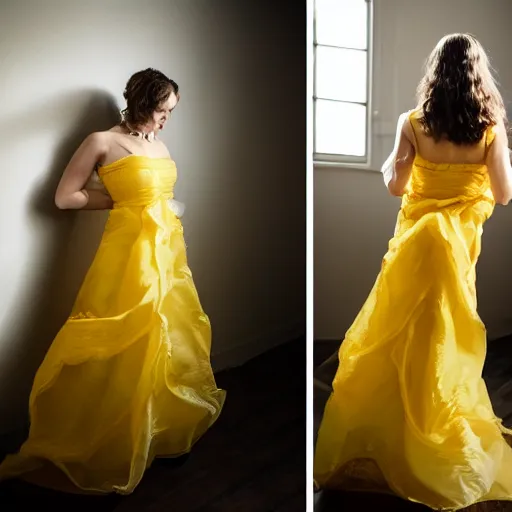 Image similar to a woman in a yellow organza dress dancing, ultra realistic, intricate, elegant, highly detailed, studio photo, smooth, sharp, focus,