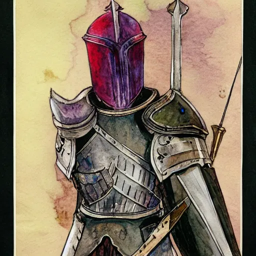 Image similar to watercolor, final fantasy tactics character, knight, wearing plate armor, wearing helmet, faceless, shrouded, artwork by harry clarke