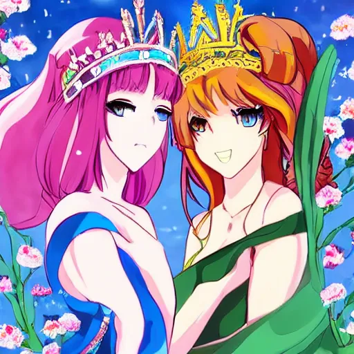 Image similar to two beautiful queens facing each other over a thrown, detailed anime art