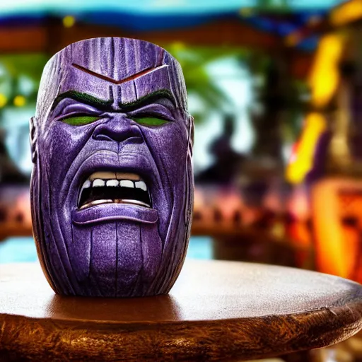 Image similar to a closeup photorealistic photograph of a thanos style tiki mug sitting at a trader vic's beach bar featuring the face of thanos. tiki party. bright scene. fine detail. this 4 k hd image is trending on artstation, featured on behance, well - rendered, extra crisp, features intricate detail, epic composition and the style of unreal engine.