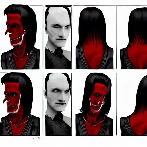 Image similar to a vampire, male, mid - 4 0 s aged, long, slicked black hair, clean shaven, in red and black, regal, high fantasy, realistic, highly detailed, full body shot, concept art, 8 k.