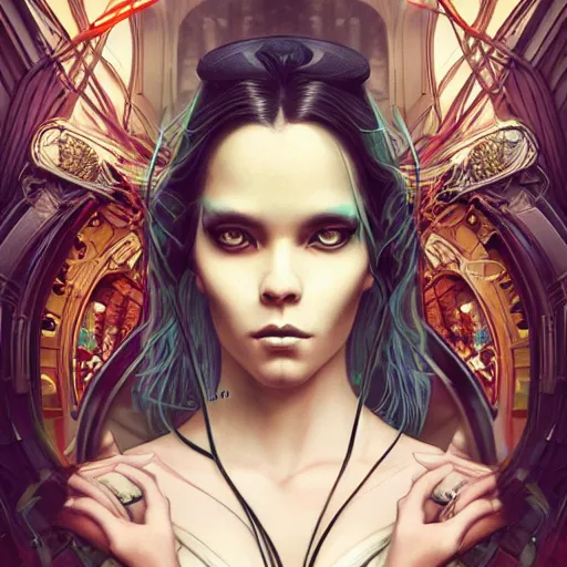 Prompt: an art nouveau, ( cyberpunk ), multi - racial portrait in the style of anna dittmann and charlie bowater and chanthara. very large, clear, expressive, and intelligent eyes. centered, ultrasharp focus, dramatic lighting, photorealistic digital matte painting, intricate symmetrical ultra detailed background.