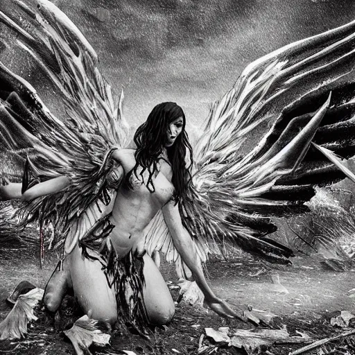 Prompt: fallen female archangel with black feathered wings, heavily scared and wounded from battle with devils, looks to be in grief, kneeling on the ground in a hellscape with a broken holy sword in front of her, and a pile of bones is aflame behind her. 4 k, hyper detailed, super realistic, dark fantasy