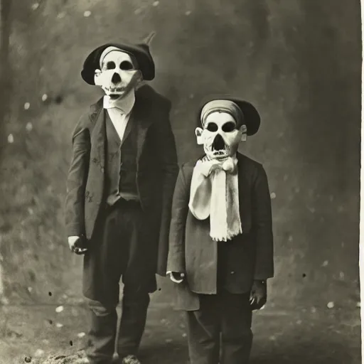 Prompt: portrait of children wearing santa masks, photograph, style of atget, 1 9 1 0, creepy, dark