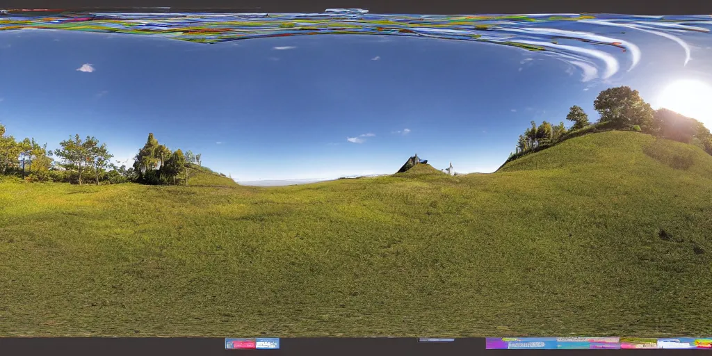 Prompt: seamless equirectangular projection of a 3 6 0 view of teletubbieland