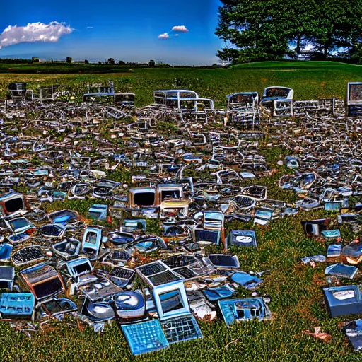 Prompt: windows xp bliss screensaver with many broken dilapidated old computers graveyard, wide angle lens
