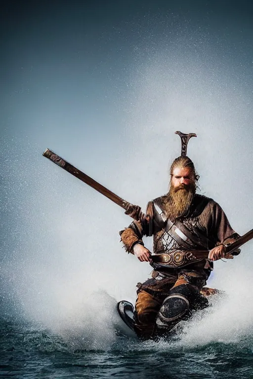 Image similar to old vintage full body photo of ancient viking warrior with full beard on the complex complex steam punk jet ski with antigravity engine during big viking event, extreme sports photography ,super high speed photography, dynamic photography,symmetrical face, clean face, muscular body, high speed,dirt and grawel in air, lens flares, dust partiles in the air, dramatic lighting, intricate, highly detailed, centered, smooth, sharp focus, sports photography, old photo, black and white, sepia, cinematic lighting, cinematic angle, national geographic