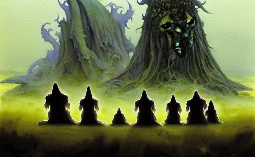 Image similar to a hyperrealist watercolour character concept art portrait of a group of druids kneeling down in prayer to a tall elegant lovecraftian alien on a misty night on the moors of ireland. a battlecruiser starship is in the background. by rebecca guay, michael kaluta, charles vess and jean moebius giraud