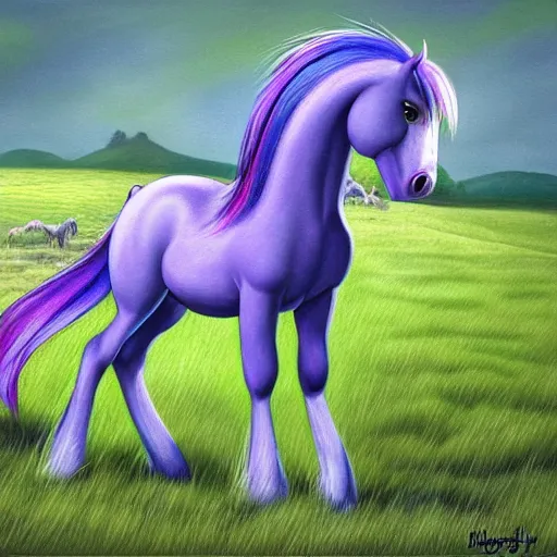 Prompt: a blue realistic pony with purple hair standing in the grass, an ultrafine detailed painting by muggur, featured on deviantart, brony art, flat shading, realistic horse, booru, hasbro