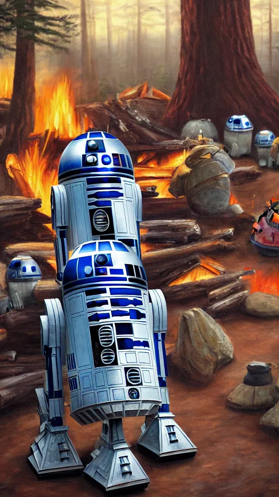 Image similar to an oil painting of r 2 - d 2 sitting by the fire at the ewok encampment, surrounded by ewoks. color harmony, 8 k detail, gallery quality, hd wallpaper, premium prints available, hyper - detailed, intricate design.