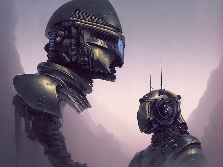 Prompt: a detailed profile painting of a bounty hunter in knight and samurai futuristic armour and visor, cinematic sci-fi poster. Cloth and metal. Welding, fire, flames, samurai Flight suit, accurate anatomy portrait symmetrical and science fiction theme with lightning, aurora lighting clouds and stars. Clean and minimal design by beksinski carl spitzweg giger and tuomas korpi. baroque elements. baroque element. intricate artwork by caravaggio. Oil painting. Trending on artstation. 8k