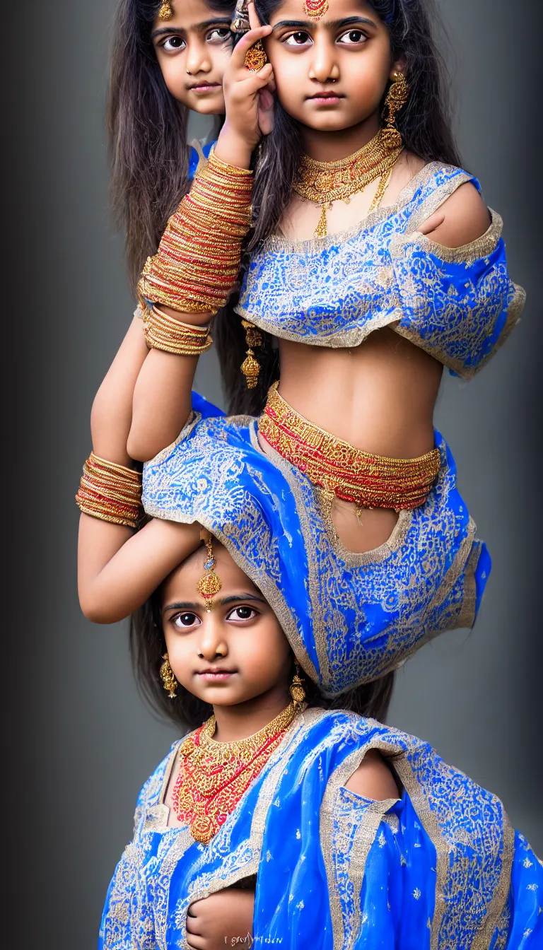 Image similar to highly detailed full body portrait of photo of south asian girl in traditional wear, studio portrait, grey colored eyes, blue colored traditional wear, photo by jerry ghionis, hyper realistic, concept art, 8 k detail post - processing