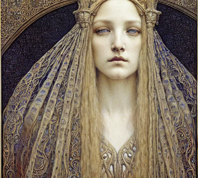 Image similar to detailed realistic beautiful young medieval queen face portrait by jean delville, gustave dore and marco mazzoni, art nouveau, symbolist, visionary, gothic, pre - raphaelite. horizontal symmetry