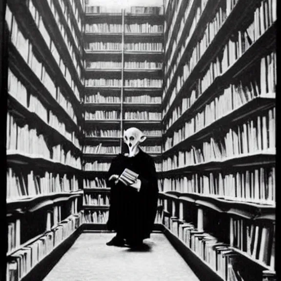 Prompt: nosferatu dracula as a librarian vampire happily looking through books in a giant library, vintage photograph