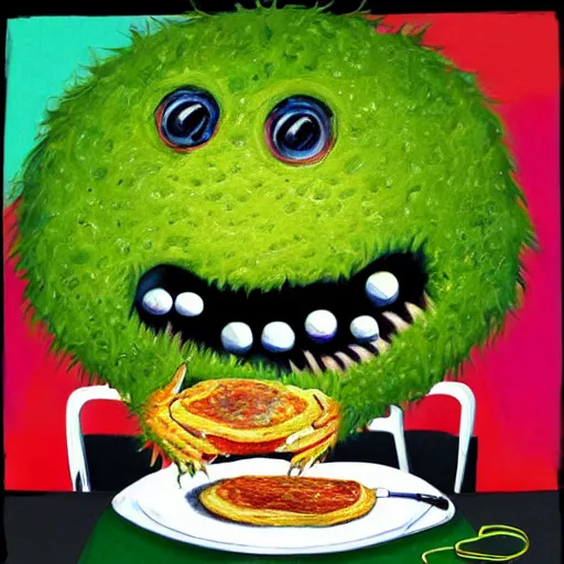 Image similar to a tennis ball monsters eating breakfast, colorful, digital art, fantasy, magic, chalk, trending on artstation, ultra detailed, professional illustration by basil gogos