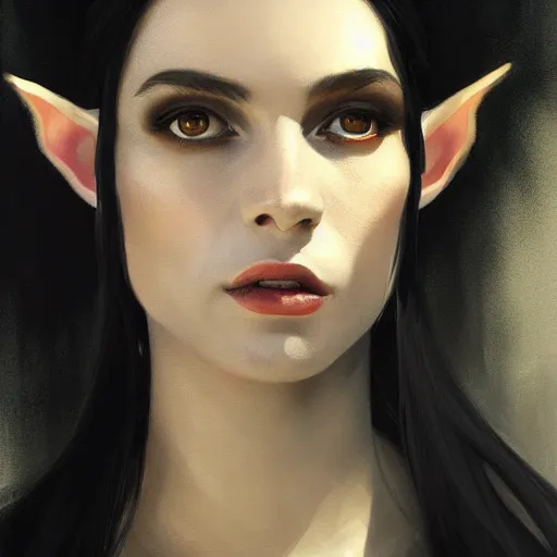 Image similar to portrait painting of female forest elf black hair, black dress, dramatic light, 8 k, by greg rutkowski