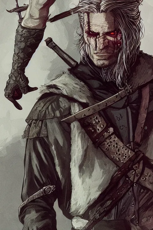 Image similar to geralt of rivia in sleepy hollow, full body, big two toned eyes, teeth gritted, horror, intricate details, cinematic, epic, realistic, anatomy, tomer hanuka, uplight, artstation, photorealistic, scary