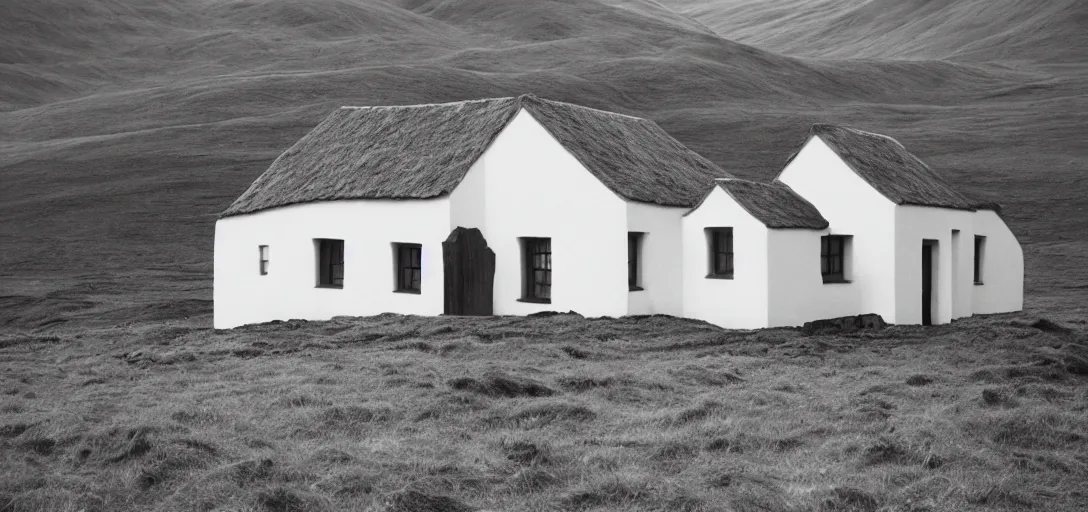 Image similar to scottish blackhouse constructed of ivory - white pentelic marble. fujinon premista 1 9 - 4 5 mm t 2. 9. portra 8 0 0.